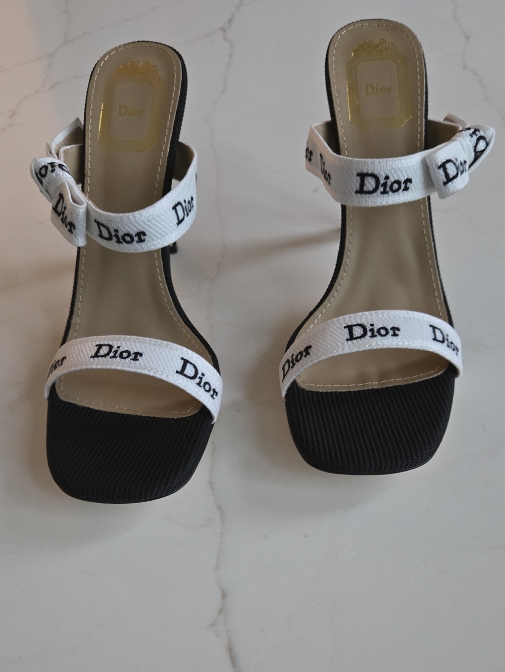 Dior White Logo Strap Black Footbed Heeled Sandals